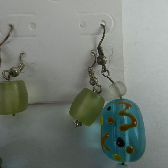 Silver Tone Fishhook Pierced Earrings Dangle Beaded Funky Green Blue 2 Pair Set - Picture 3 of 7